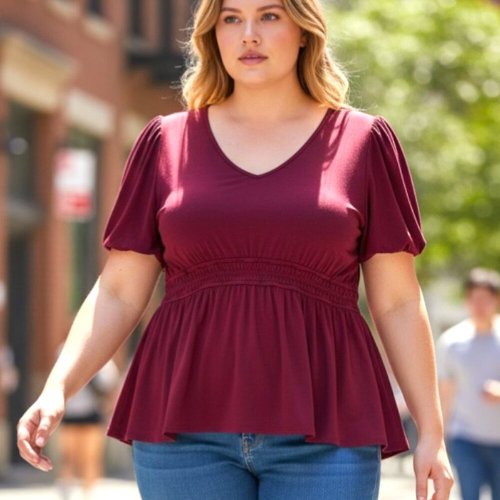Torrid Size 3 Burgundy Babydoll Peplum Top Stretch Rayon V-Neck Plus Size
